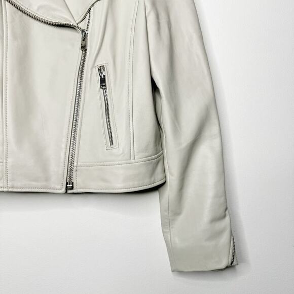 Lamarque Donna Biker Leather Jacket in Stone Grey Cream Size Large - Picture 8 of 13
